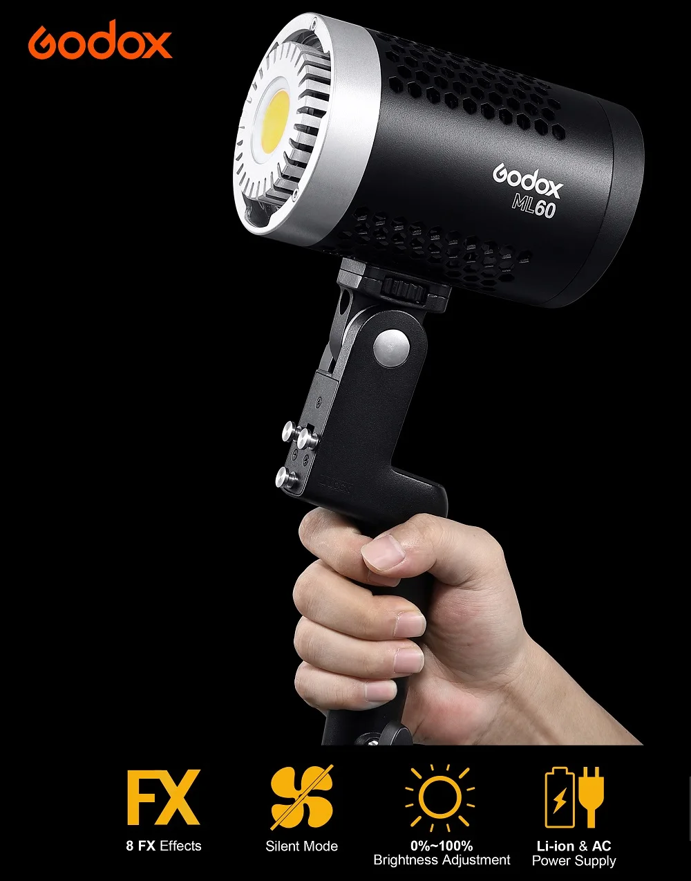 Светодиодный светильник Godox ML-60 60Ws, мощный и портативный светильник дневного света, сбалансированный светильник Bowens для видеосъемки, бесшумный двойной режим питания