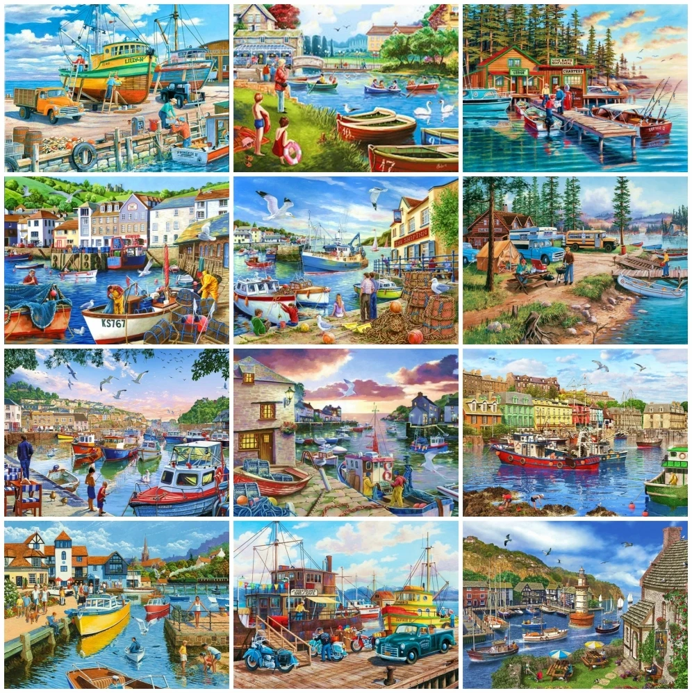 

AZQSD Full Square Diamond Art Painting Boat Seaside Picture Of Rhinestones Diamond Embroidery Scenery Home Decoration
