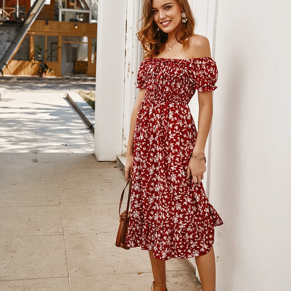 Повседневное платье в стиле бохо платья с коротким рукавом и цветочным принтом