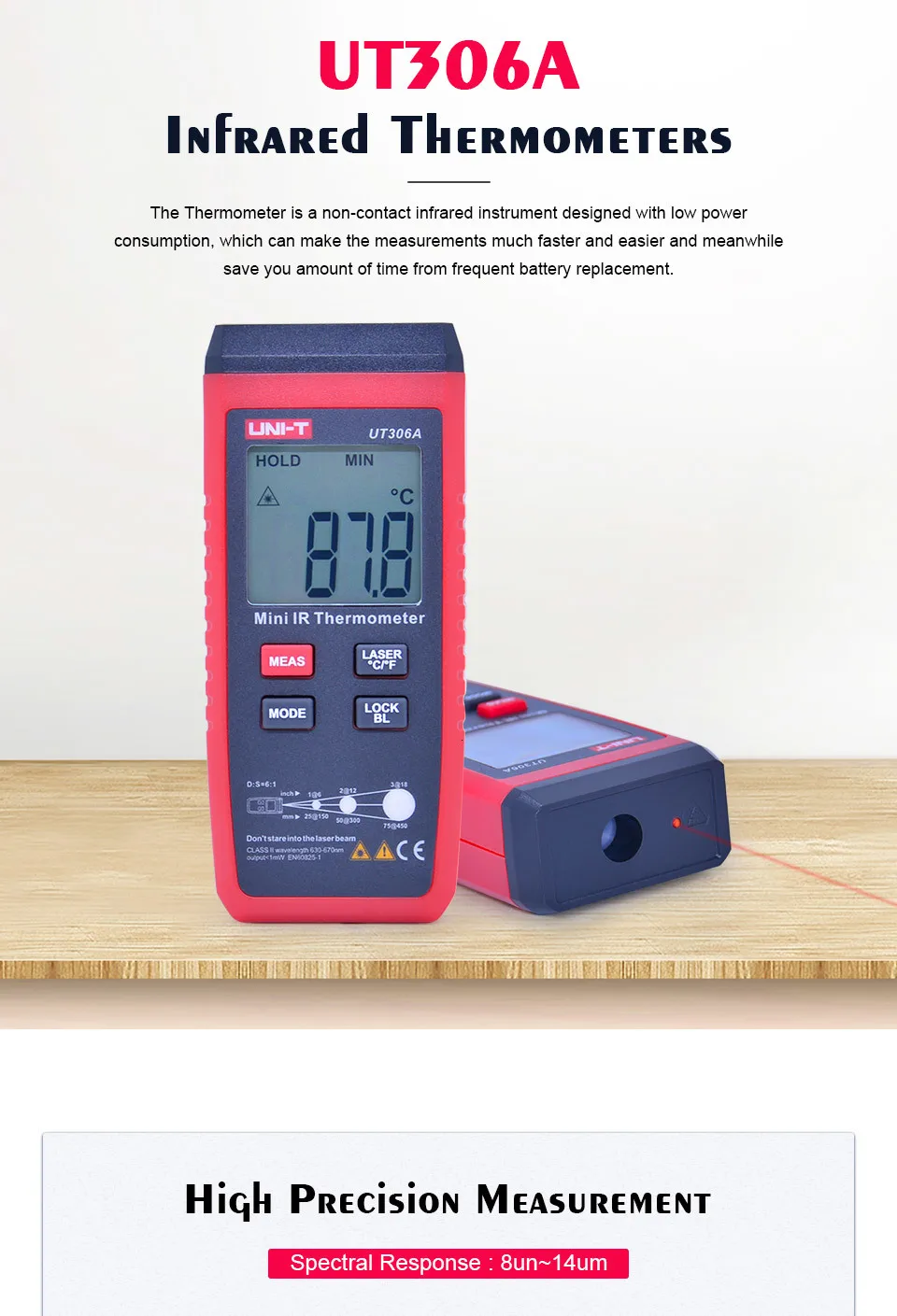 UNI-T UT306A Мини Инфракрасный термометр-35~ 300C-31~ 572F цифровой ИК-тестер температуры с удержанием данных и ЖК-дисплей с подсветкой