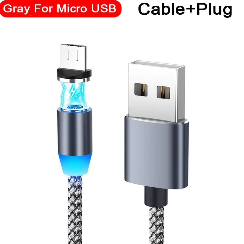 Магнитный usb-кабель для быстрой зарядки 2,1 А, Тип C, микрокабель, светодиодный, с нейлоновой оплеткой, type-C, магнитное зарядное устройство для iPhone XS X 7, samsung, 1 м, 2 м - Цвет: Grey for Micro USB