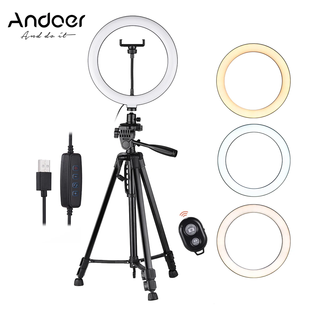 

Светодиодный кольцевой светильник Andoer, 10 дюймов, 2800K-5700K, с регулируемой яркостью, со штативом, держателем для телефона, дистанционным затвор...