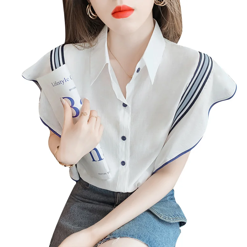 

Short Sleeve Women's Thin Shirt Summer 2021 Ruffled Butterfly Sleeve Casual Blouse Female Korean Fashion Loose Top