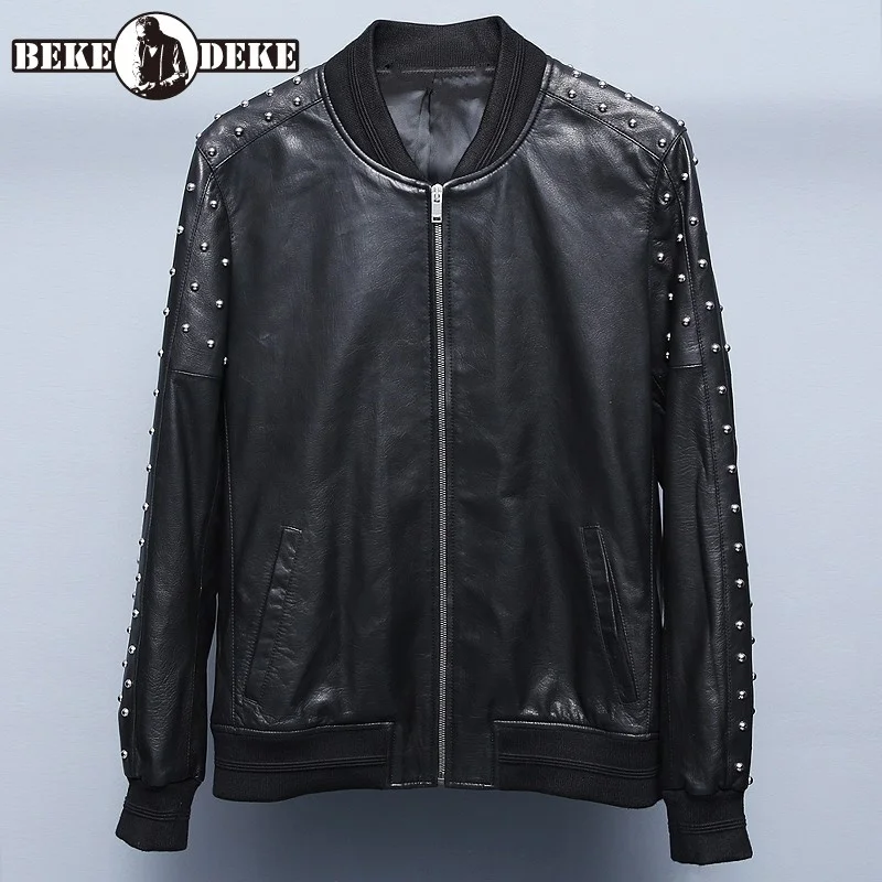 

Korean Style Fashion New Mens O-Neck Zippers Pockets Rivet Design Slim Genuine Leather Jackets Spliced Vintage Casual Coat