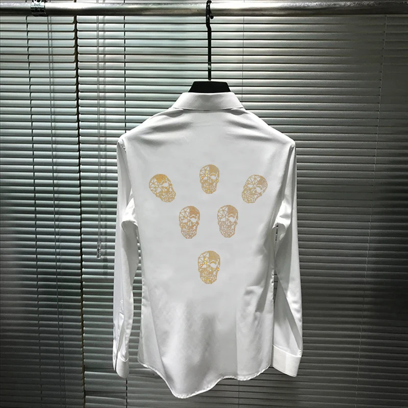 Fall Popular Men's T-Shirt Simple Cotton Slim Long-Sleeved Rhinestone All-Match Street Hot Drill Skull Button Style