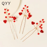 qyy 3pcsset handmade red crystal hair pins for women jewelry bride headpiece bridal wedding accessories party flower headdress