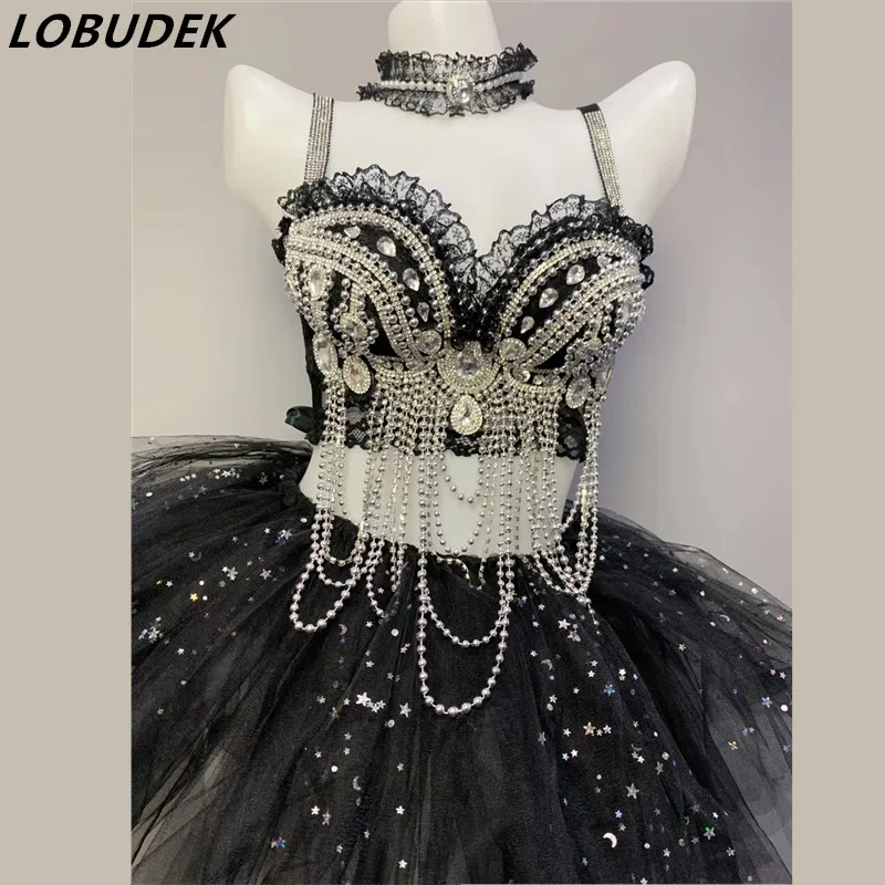 

Комплекты бикини, черные, со стразами, жемчужинами и звездами, блестящая сетчатая юбка, танцевальные наряды, женские костюмы для певицы, ночного клуба вечерние, бюстгальтер со стразами