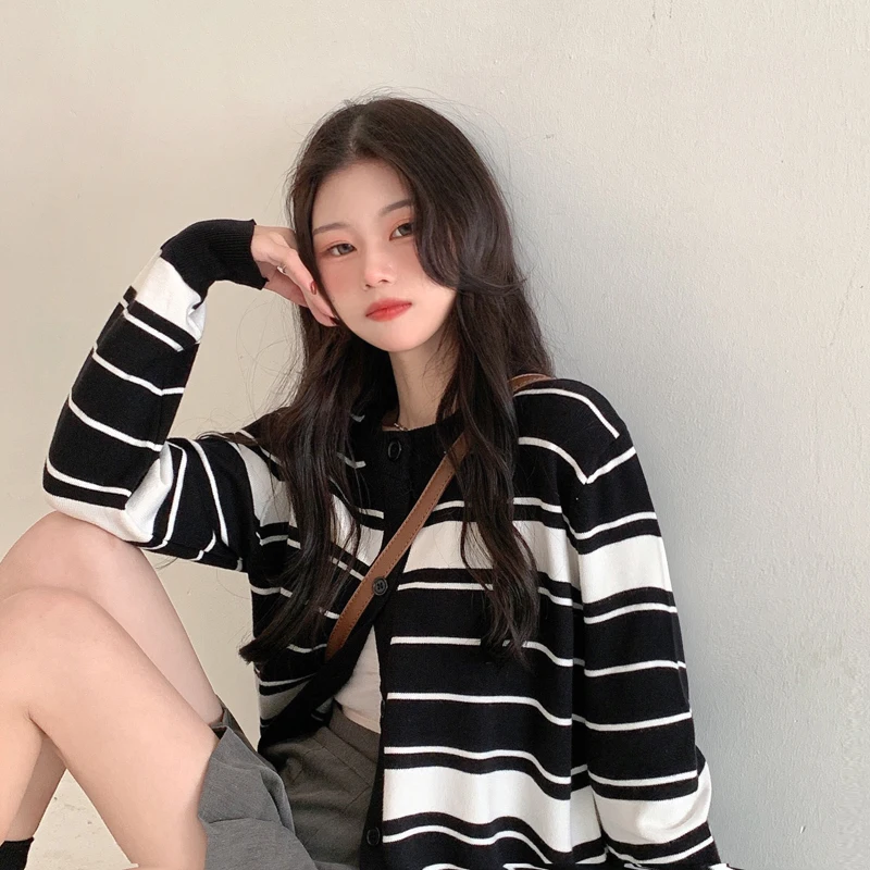 

Japanese Autumn vintage stripe Slim cardigan sweater korean Ulzzang Women's Coat Harajuku Knit Fashion Streetwear Sweater tops