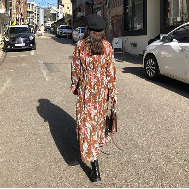 

2020 Summer Print High Quality Vintage Ruffles Loose V-Neck Ankle-Length Party Korean Style Dress