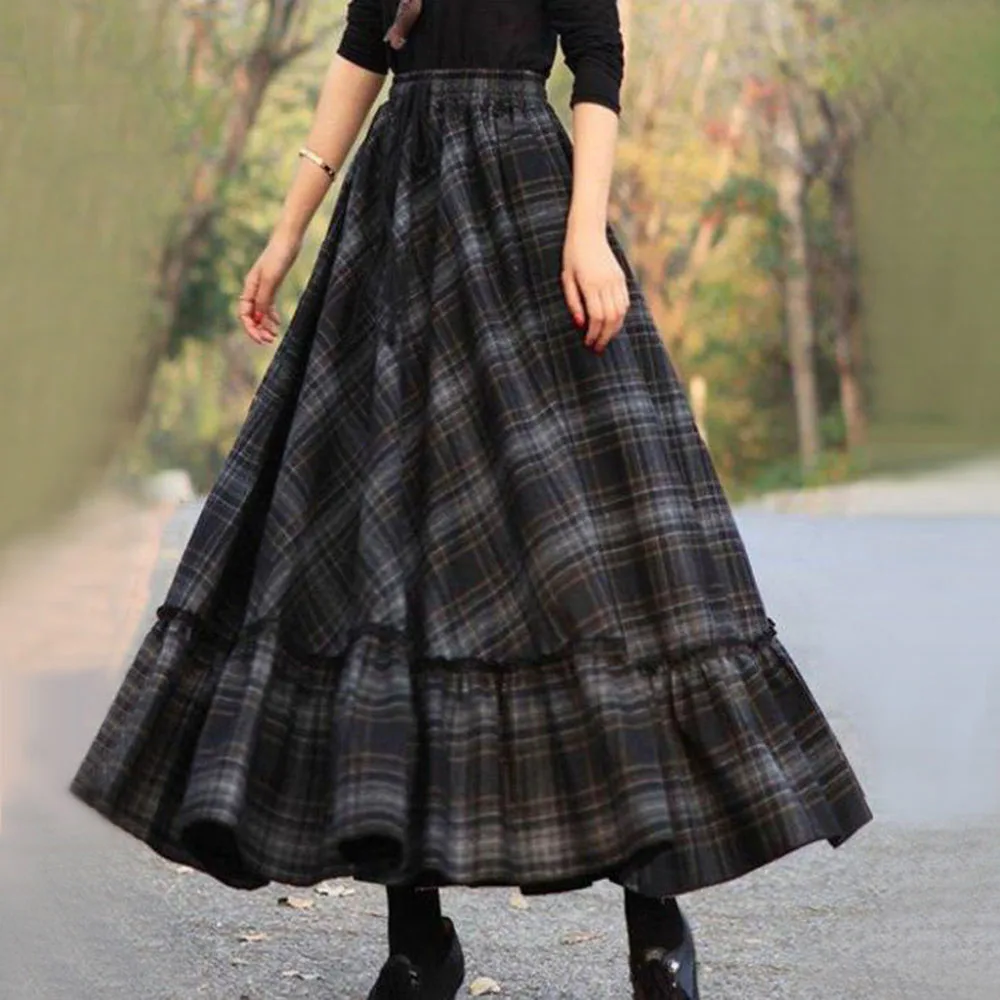 

Women Skirt 2020 Autumn Winter Retro High Waist Pleated Skirt Women Casual Maxi Skirt Female Flare Plaid Long Skirt