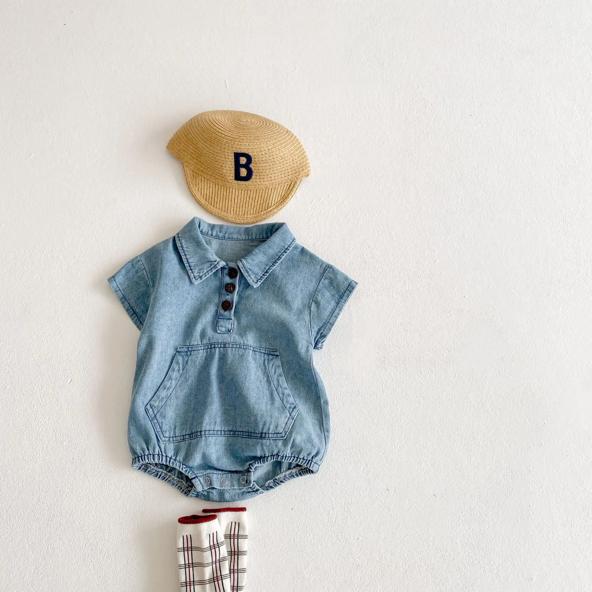 

New Arrival Newborn Baby Boy Romper Infant Girls Clothes Large Pocket Decoration Toddler Baby Jumpsuit Denim Short Sleeve Summer
