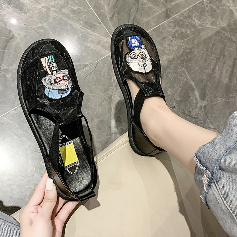 

2021Summer Organza Sandals Women's Face Makeup Flat-bottom Lazy Shoes Mesh Breathable Single Shoes Chaussure Femme Zapatos Mujer