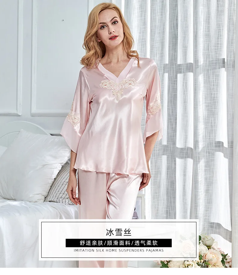 Korean Version 3/4sleeve Pajamas Women's Summer Thin Suit Spring Nightwear Sexy Nightgown Silk Home Clothes Sleepwear