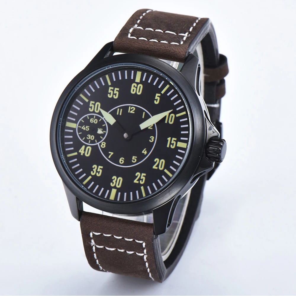 

2021 CORGEUT Brand 45mm Black Dial Luminous Hands Sapphire Glass Seagull Movement Leather Strap Automatic Mechanical Men's Watch