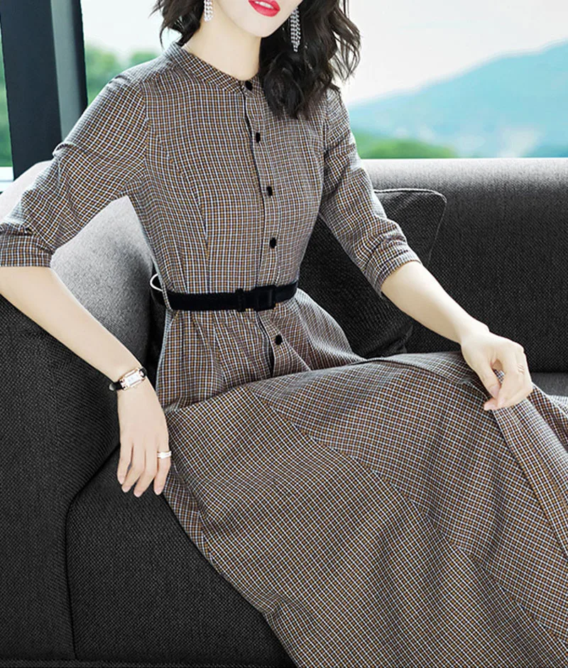 2019 осеннее платье Профессиональный воротник длинный ретро плед для похудения