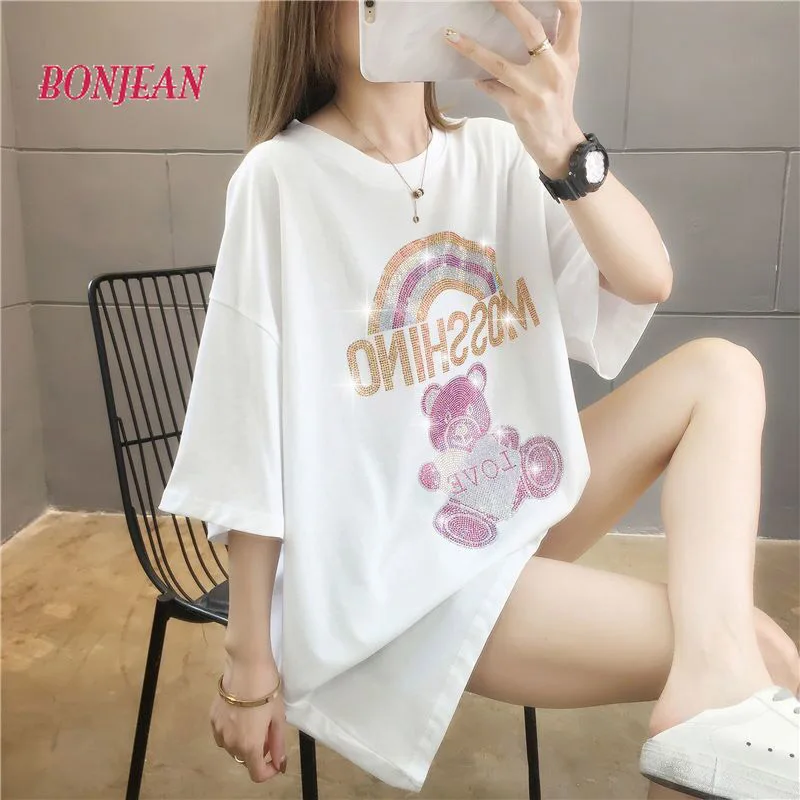

Women Crystal T-shirts Bear Print Beading Camis Loose Wing Print Cropped Top Plus Size Loose Women Streetwear Party Camiseta Top
