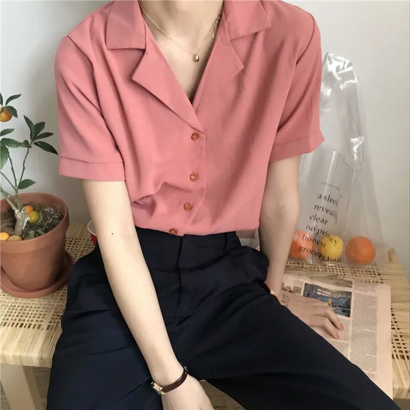 

Women Solid V-Neck Short Sleeve Button Down Blouse