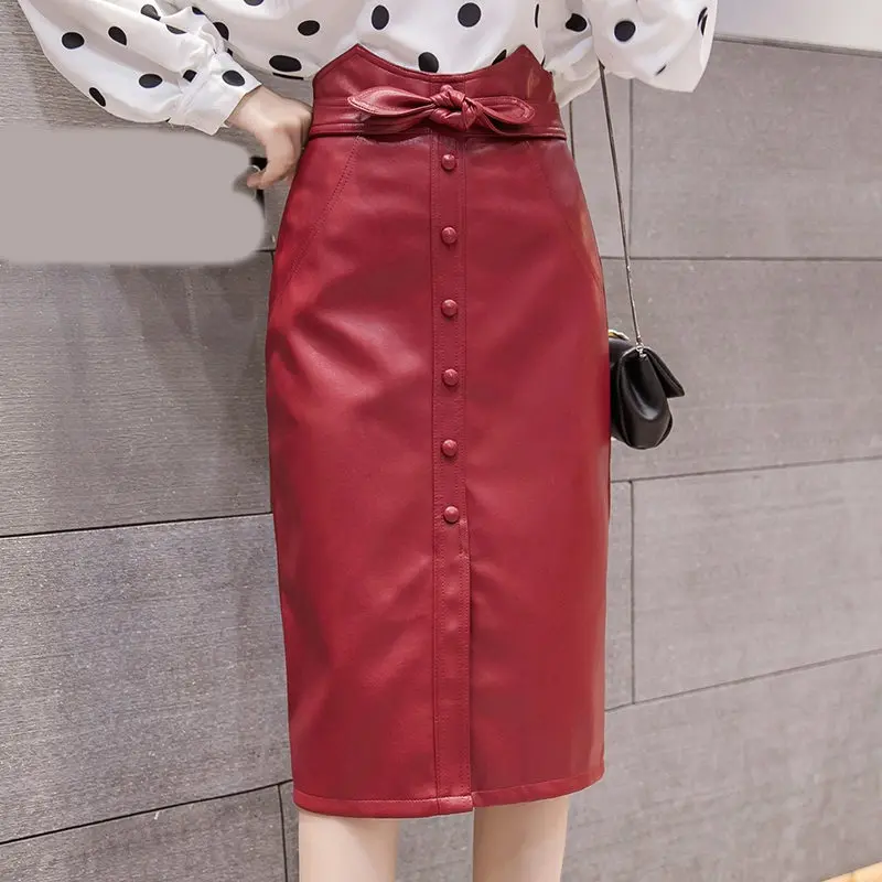 Red Skirt Women RICININA, женские юбки, Осень-зима, на пуговицах, с бантом, одноцветная, миди юбка, кожа, для женщин, s, макси, Jupe Femme Ete Longue, юбка-карандаш, Mujer - Цвет: Red Skirt Women