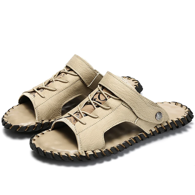 

2021 Summer Men Shoes Slippers Casual Men Solid Sandals Misalwa Manual Handcraft Sewing Comfortable Flats Beach Shoes 38-48 Size