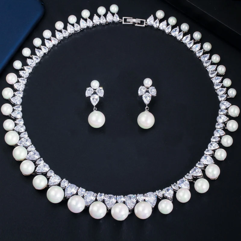 

CWWZircons Sparkling Cubic Zirconia Paved Round Big Wedding Pearl Necklace Earrings Costume Jewelry Sets for Women Party T366