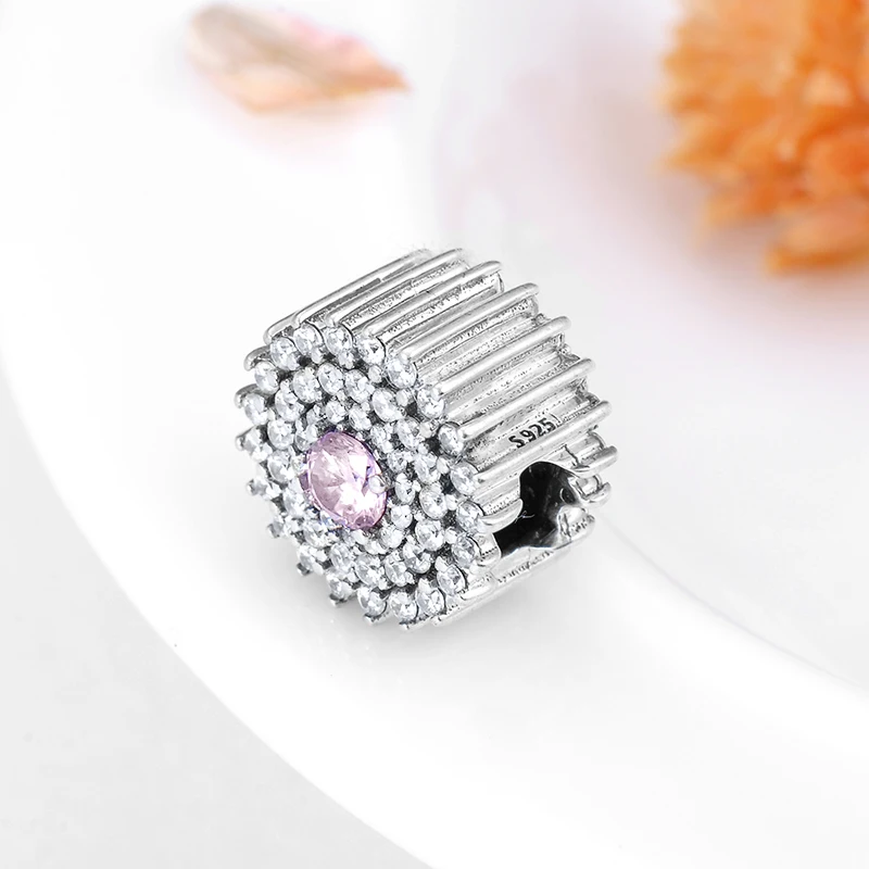 silver 925 Round shape Charming Clear and Pink Zircon flower beads Fit Original European Charm Bracelets Bangles jewelry making | Украшения