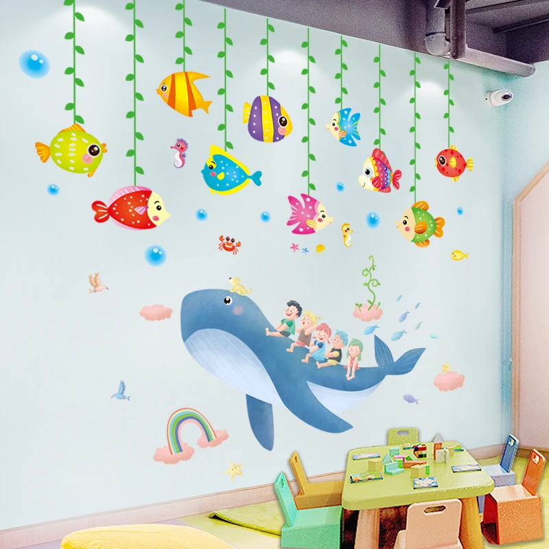 

[shijuekongjian] Whale Animal Wall Stickers DIY Cartoon Fish Mural Decals for Kids Rooms Baby Bedroom Children House Decoration