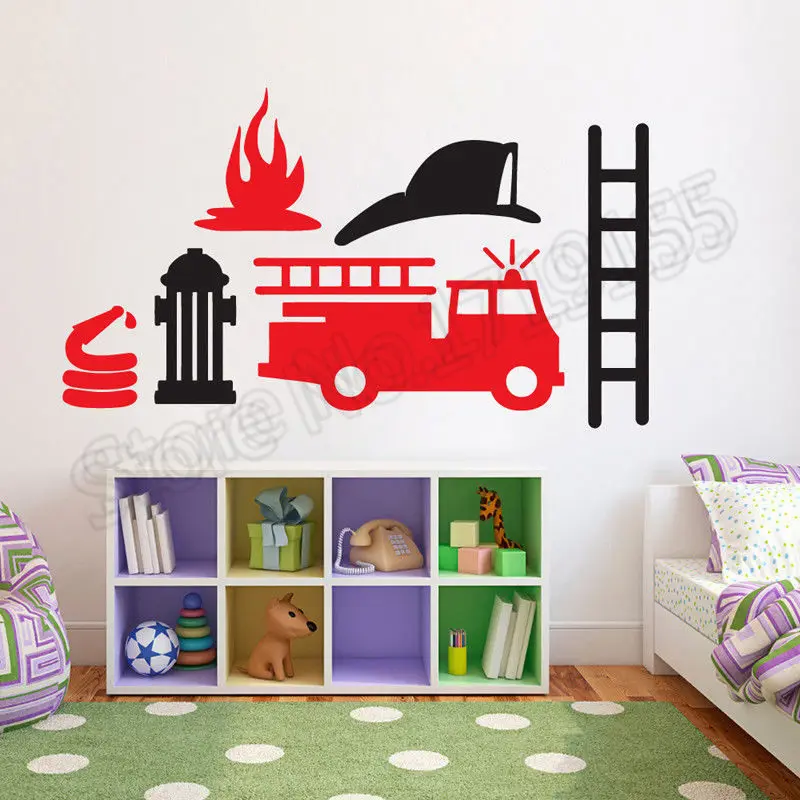 

Cartoon Fire Truck Engine Car Vinyl Wall Decal Removable Cartoon Stickers For Boys Room Special Design Home Decoration DIY ZW308