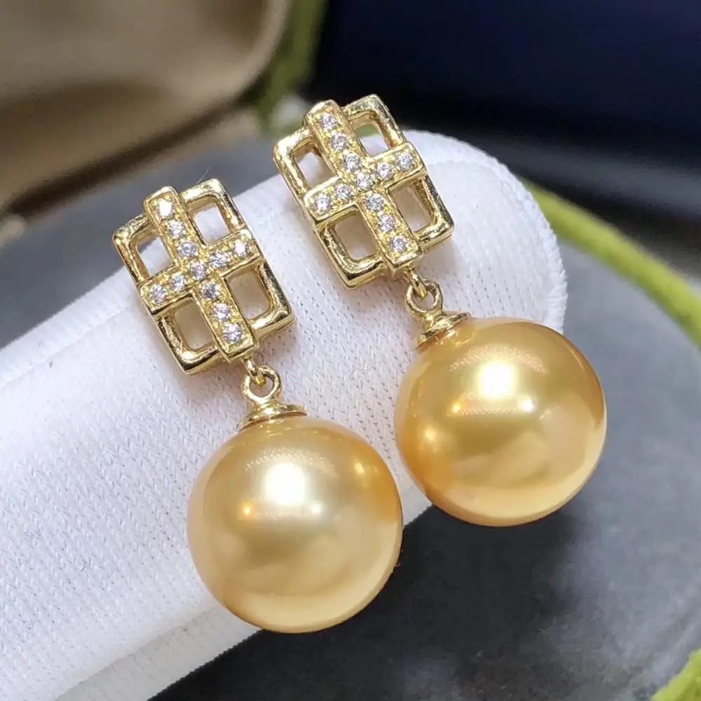 Fine Jewelry 1103 Pure 18 K Gold Phillipine Natural Ocean Golden Pearls 10-9mm Stud Earrings for Women Pearl | Украшения и