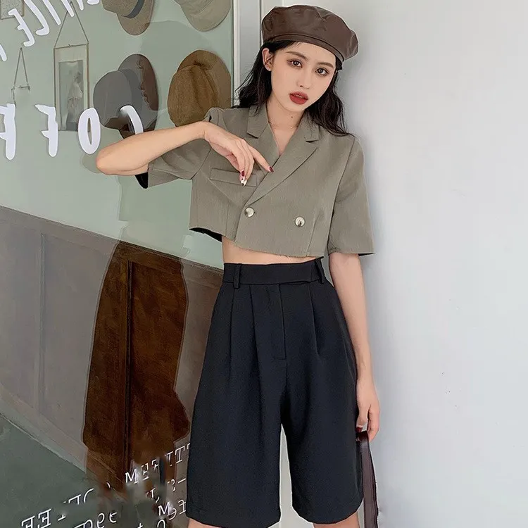 2019 осенний женский двубортный короткий Блейзер брюки до колена комплект из двух