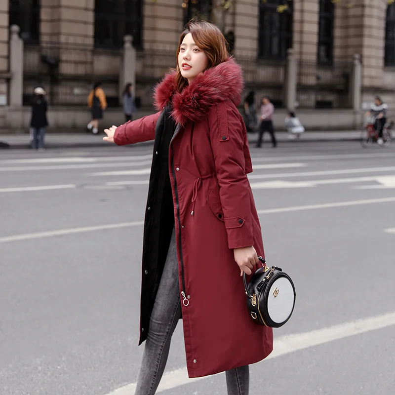 

KUYOMENS 2021 New Winter Women's Coat Fur Hooded Female Warm Cotton Padded Jacket Winter Ladies Parkas X-Long Women Clothing