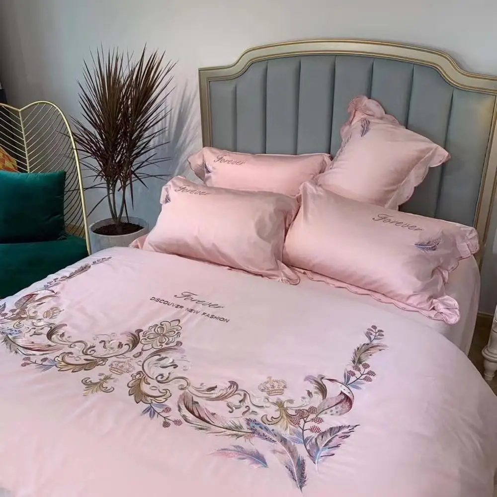 

HOME-2021-Luxury pink embroidery Egyptian cotton bedding set king duvet cover and pillow cases