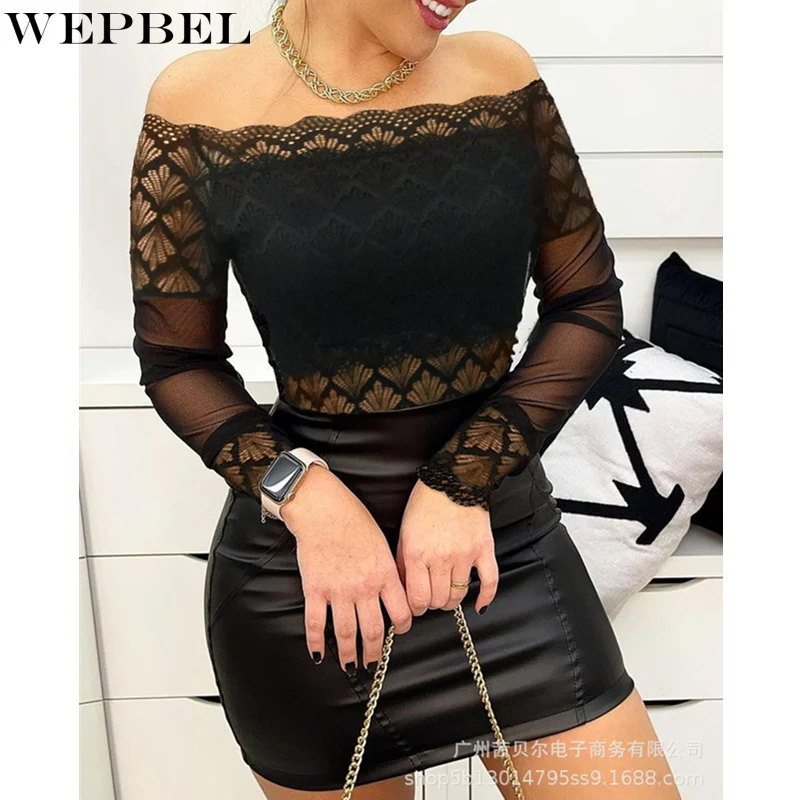 

WEPBEL Women's Sexy Lace Shirt Top Ladies Elegant New Fashion Off Shoulder Long Sleeve Hollow Out Slim Fit T-shirt Romper