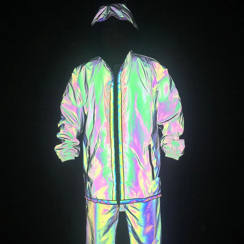 

Hooded Reflective Jacket Holographic Zipper Pocket Oversize Patchwork Loose Long Coat 2020 Spring Streetwear Jackets For Lady