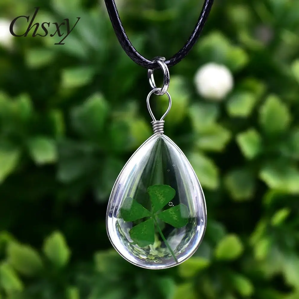 

CHSXY Lucky Four Leaf Clover Transparent Pendant Necklace Dried Flower Leather Rope Chain Necklace for Women Girl Best Wish Gift