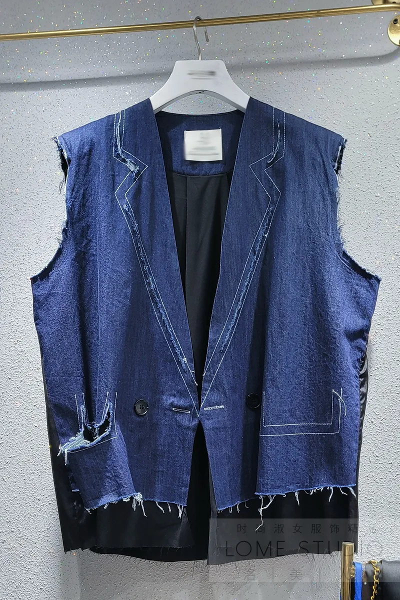 

2021 Summer Fashion Clothing Color Contrast Chiffon Patchwork Denim Jacket Camisole Women Button Short Sleeveless Vest Waistcoat