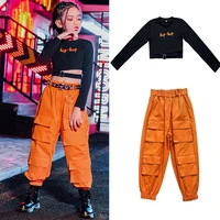 2020 hip hop dance costume for kids long sleeve tops orange hiphop pants jazz street dance clothes performance rave wear dqs6224