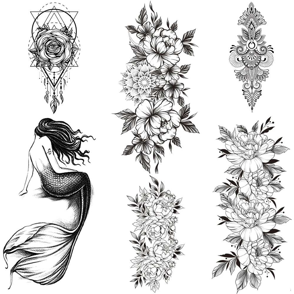 Geometric Rose Flower Temporary Tattoos For Women Mehndi Camellia Fake Tattoo Sticker Lace Black Mermaid Waterproof Tatoos Hands