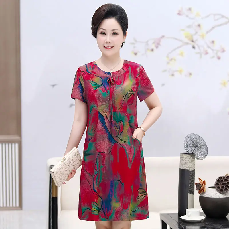 

Женское платье с коротким рукавом, летнее, для женщин среднего возраста, длинное, 2021, свободное, с круглым вырезом, с принтом, N88, размера плюс