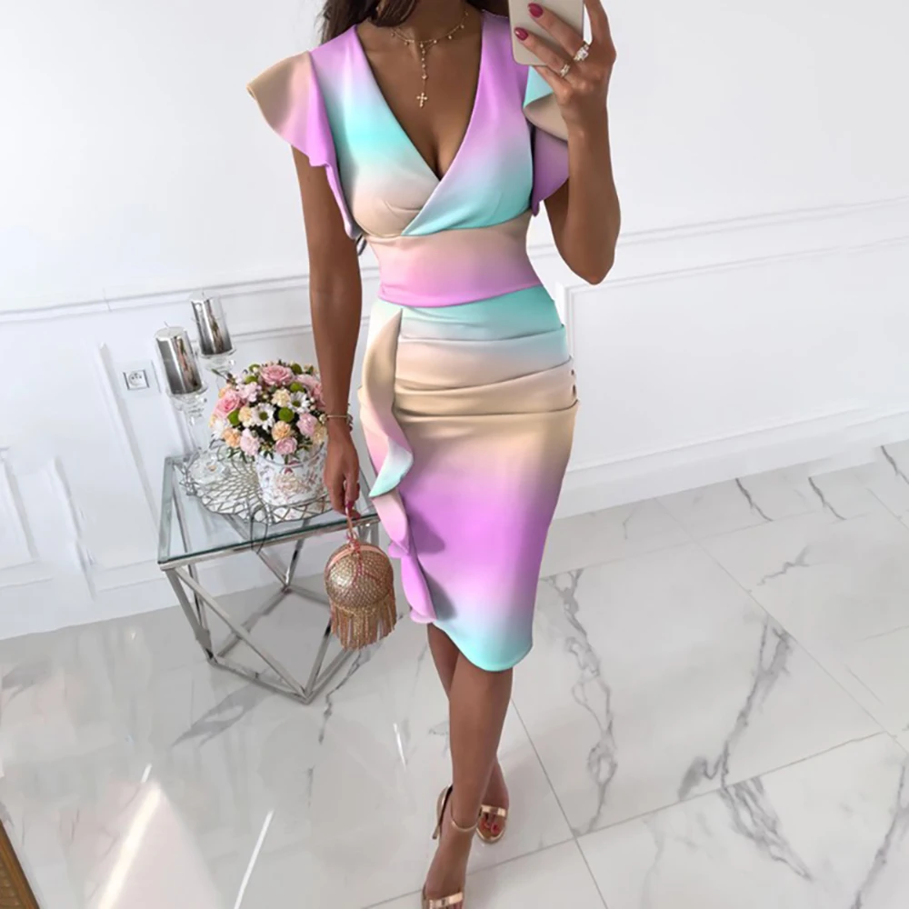 Женское облегающее платье с оборками Элегантное летнее глубоким V образным