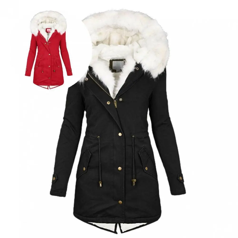 

Stylish Plush Hooded Multi Pockets Casual Coat Winter Jacket Waist Tight Windproof
