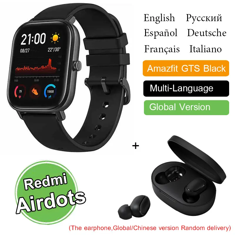 Глобальная версия Amazfit GTS Смарт-часы Xiaomi Huami gps Профессиональные Водонепроницаемые Смарт-часы 12 спортивных режимов сердечного ритма Android iOS - Цвет: BlackAddredmiAirDots