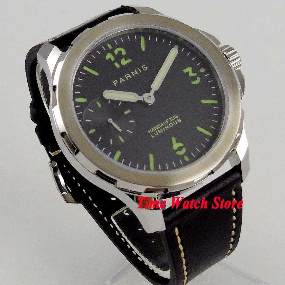 

44mm Parnis mechanical men's watch sapphire glass black dial luminous 17 jewels 6497 hand winding movement 985