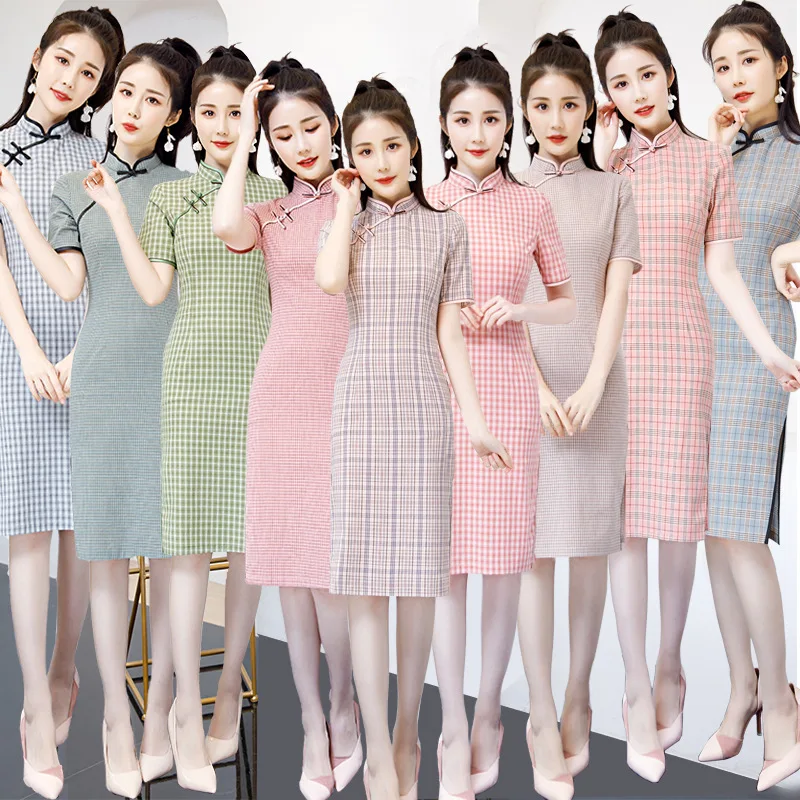

Girls cheongsam 2020 summer new style cotton and linen literary young short-sleeved plaid retro improved cheongsam dress