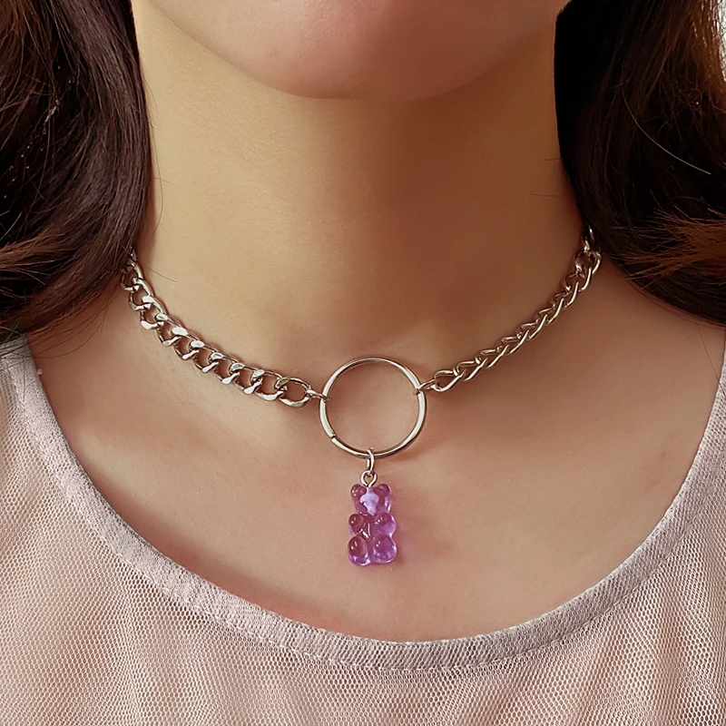 

Big Statement Hollow Circles Animal Bear Chain Necklaces for Women Candy Color Jewelry Children DIY Gifts