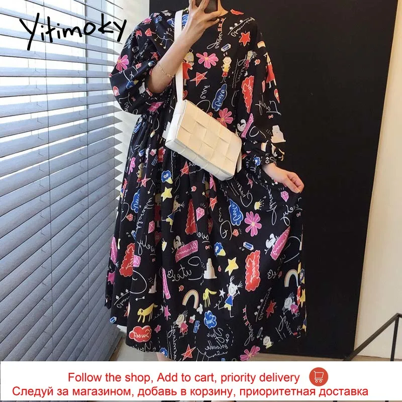 

Yitimoky Simple Dresses Women Puff Sleeve O-Neck 2021 Summer Korean New Folds Printing Cartoon Graphic Loose Pullover Dress