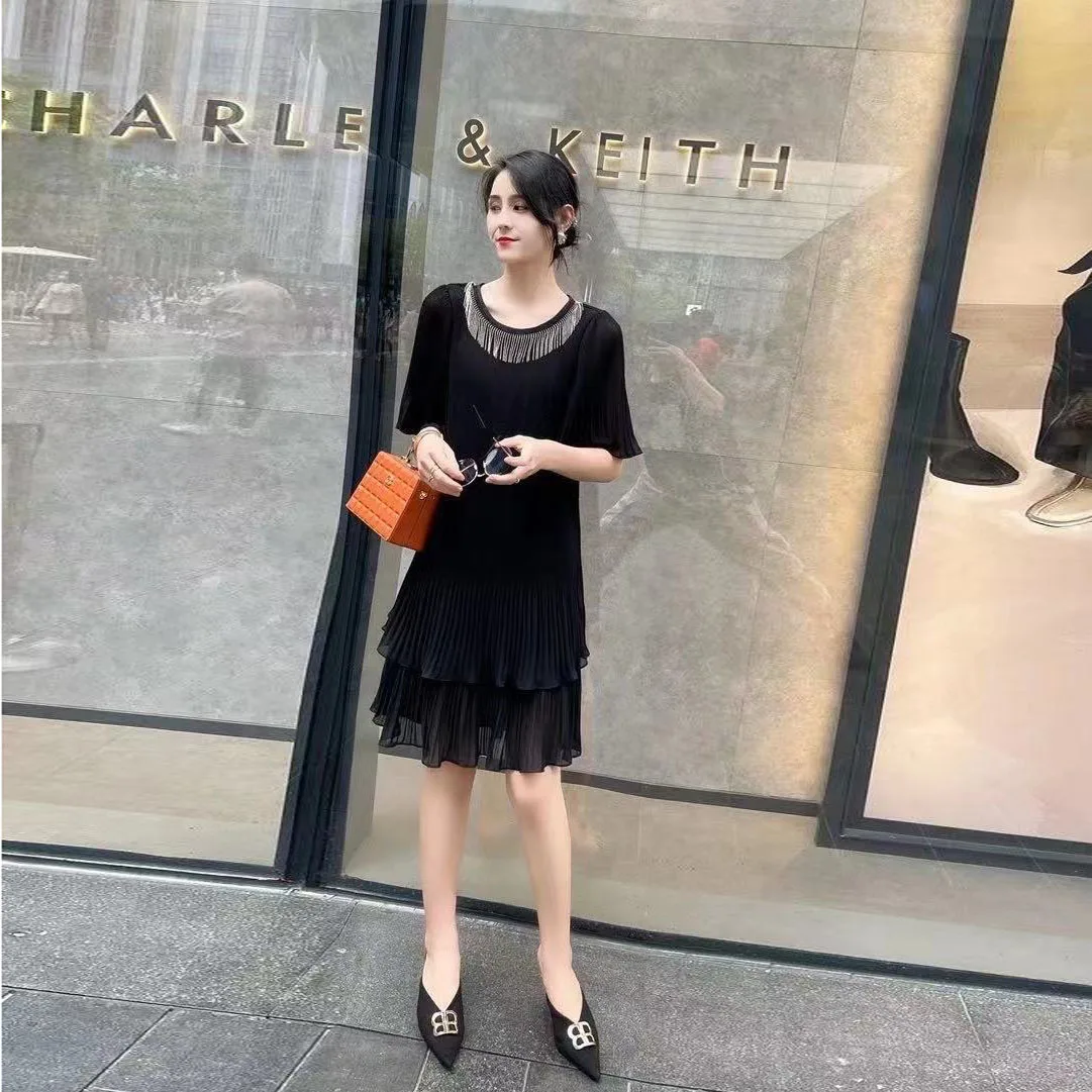 

Temperament dress women's 2021 spring new fashion heavy industry Beaded Ruffle elegant Short Sleeve Dress