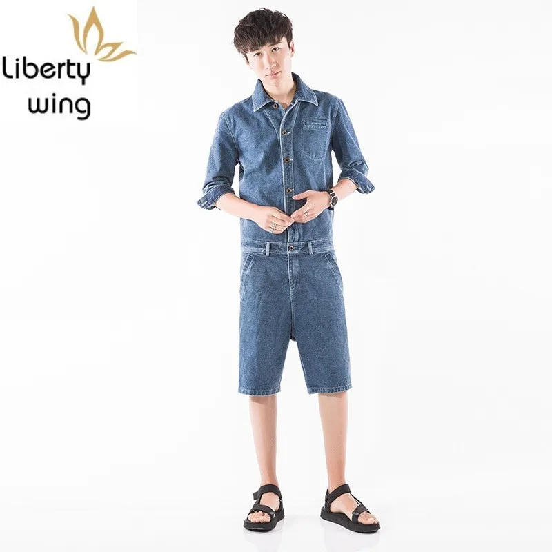 Jumpsuits Mens Summer Fashion Vintage Casual Short Sleeves Denim Coat Man Harajuku Knee Length Shorts Jeans Overalls Male