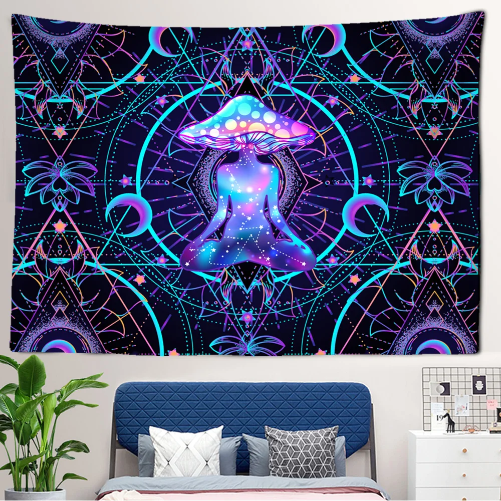 Фиолетовый яркий художественный гобелен в виде грибов домашняя психоделическая