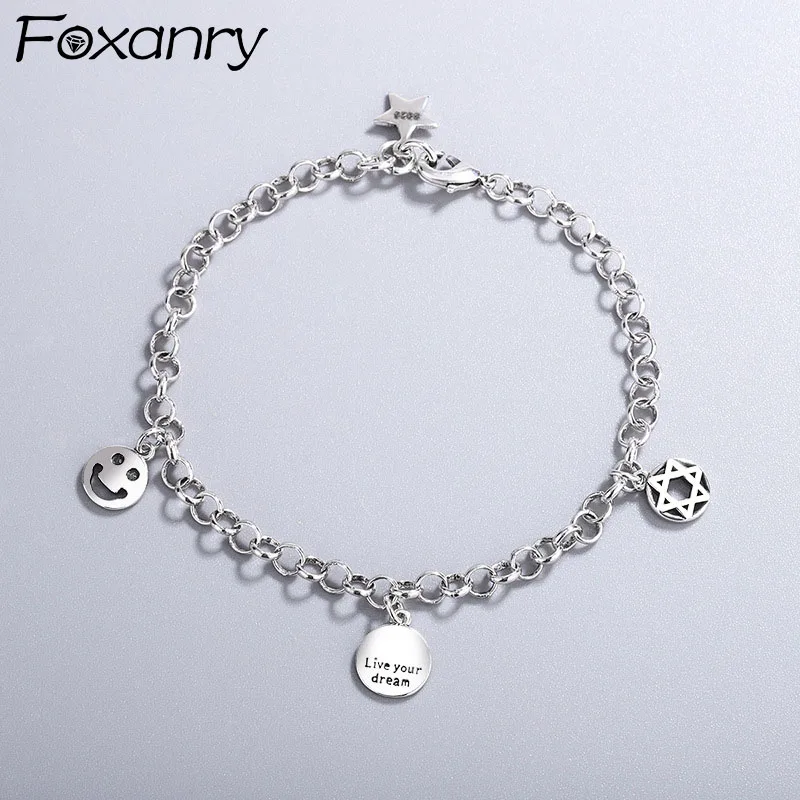 

Evimi 925 Standard Silver Bracelets INS Fashion Punk Vintage Simple Couples Smiley Face Star Tassel Party Jewelry Lover Gifts