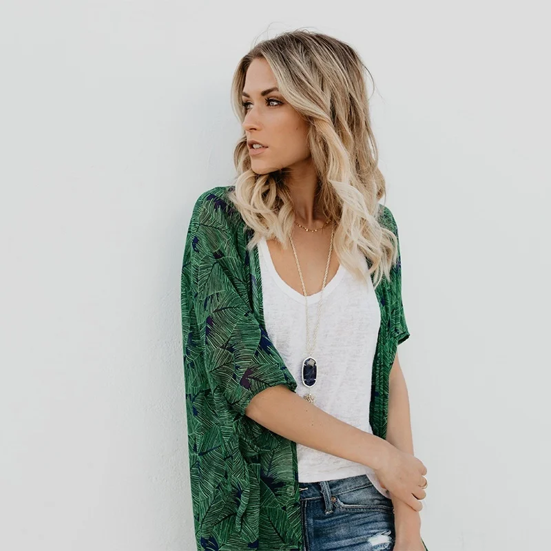 

Women Beach Cover-ups Boho Floral Printed Short Sleeve Long Chiffon Kimono Cardigan Loose Bikini Cover Up Women Clothing